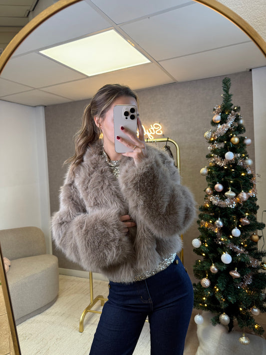 FLUFFY CROPPED TEDDY JACKED- LIGHT BROWN